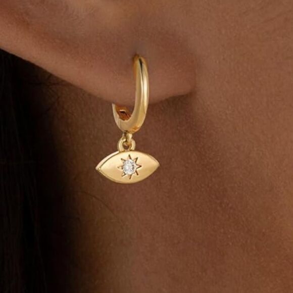 14k gold plated Eye Charm Hoop Earrings with cubic zirconia Crystal Accent - Picture 4 of 4